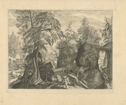 Rocky landscape with travellers at a bridge