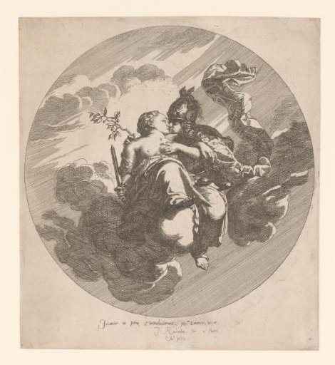 Peace and Justice Embracing, Seated on Clouds