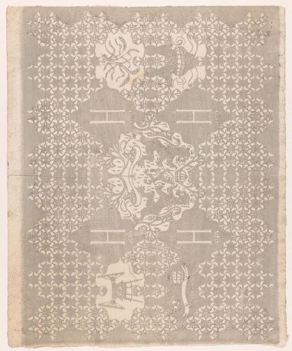 Sheet with ornaments, boat, wagon and coat of arms of the Netherlands