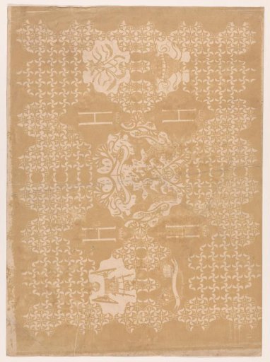 Sheet with ornaments, boat, wagon and coat of arms of the Netherlands