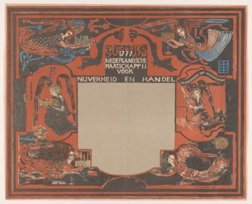 Design for a charter of the Nederlandsche Maatschappij voor Nijverheid en Handel, with angels and objects related to industry