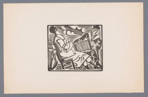 Woman on chair and sailor with accordion