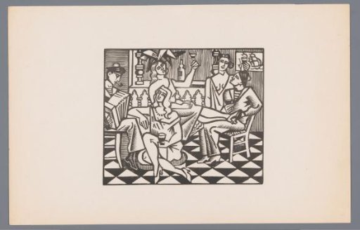Two sailors and three women in a café
