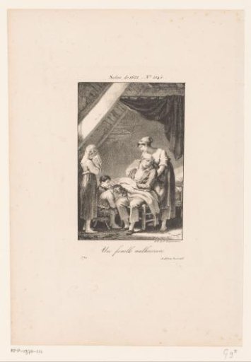 Woman and children mourning around a sick man