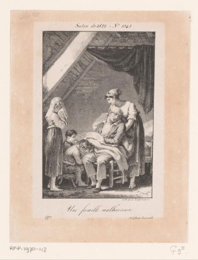 Woman and children mourning around a sick man