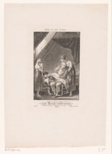 Woman and children mourning around a sick man