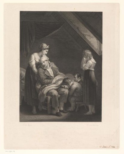 Woman and children mourning around a sick man