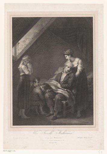 Woman and children mourning around a sick man