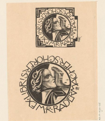 Sheet with two ex libris of M.R. Radermacher Schorer