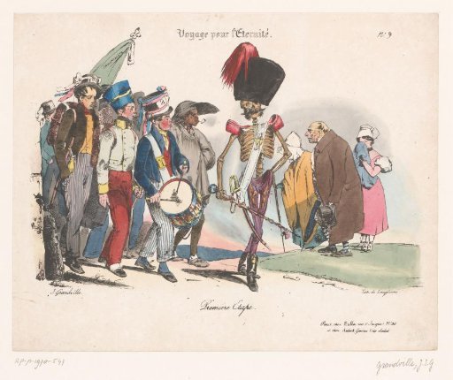 Various people marching behind Death