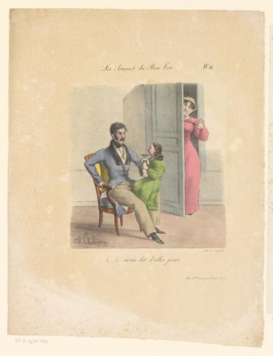 Man with a child on his knee, woman looking through the door