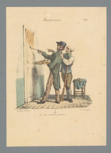 Painter with palette painting a door on the instruction of an older man