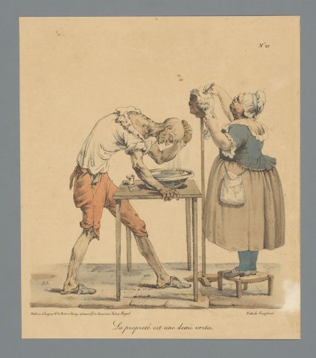 Man washing his bald head while a woman brushes his wig