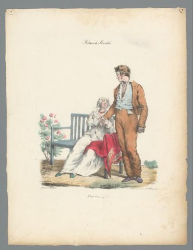 Young woman sitting on a bench holding the hand of a standing young man