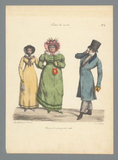 Young woman arm-in-arm with older woman being watched by a man with a spyglass