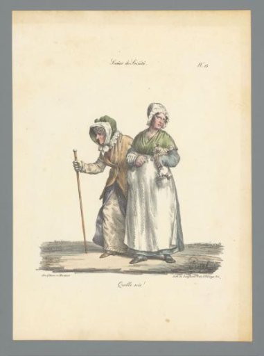 Young and old woman walking arm-in-arm, looking grumpy