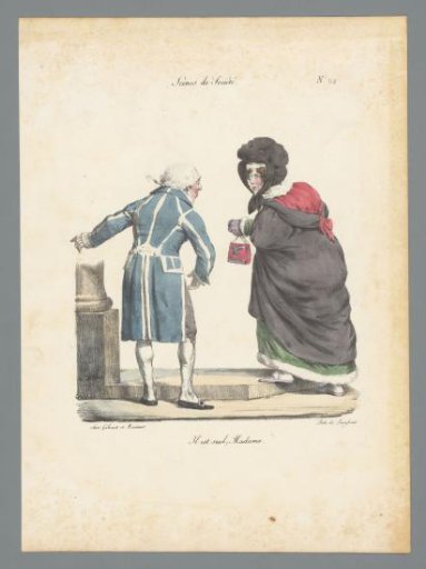 Woman in cape shown the way by a man in a long coat