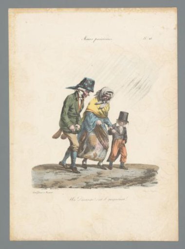 Man, woman and child walking through the rain