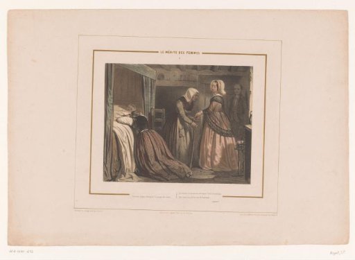 Sick child in bed accompanied by a kneeling mother and three other persons