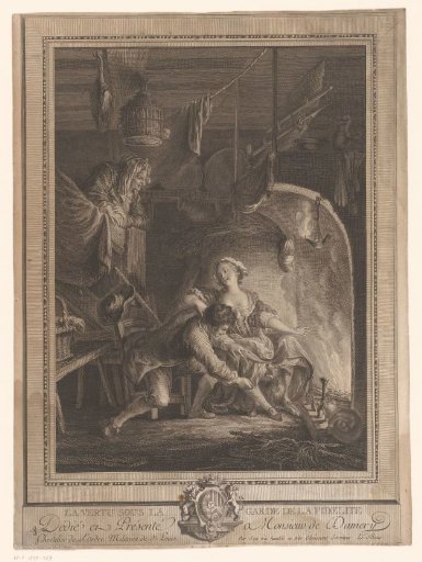 Couple at the fireplace watched by a dog and an old woman