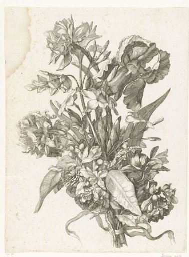 Bouquet with a narcissus, orange blossom or jasmine, and an iris