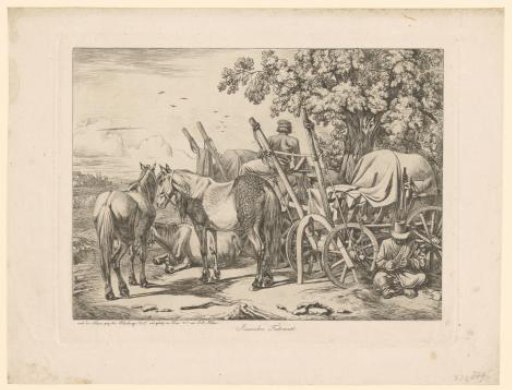 Two carts with resting drivers and three horses