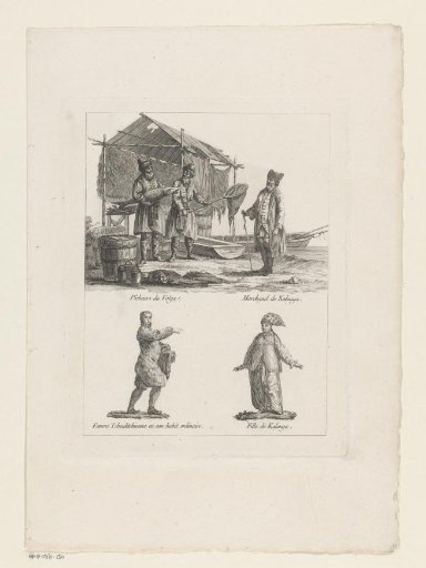 Russian fishermen and merchant with two women in regional dress