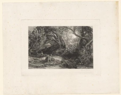 Boys gathering apples by a stream
