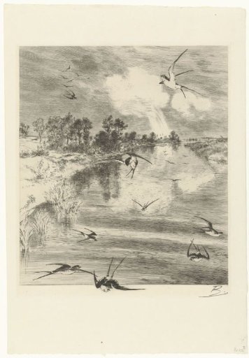 Landscape with swallows in flight over a river