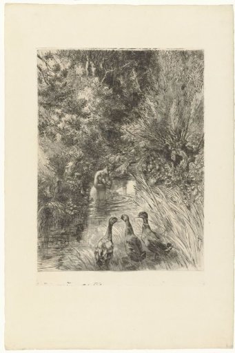 Bathing woman and three ducks on the bank