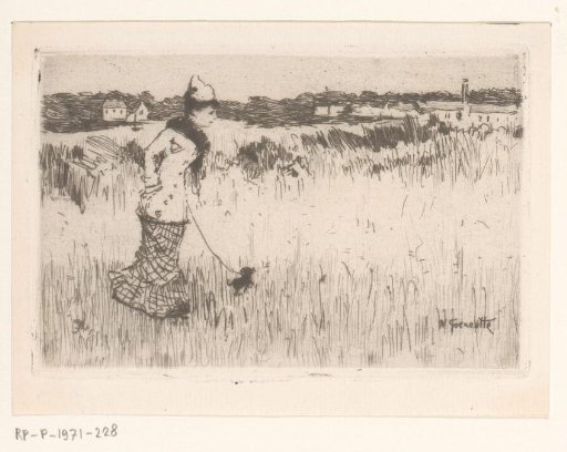 Wandelende dame met hond in een landschap