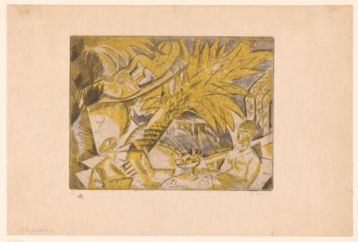 Sunbathing figures under a palm tree