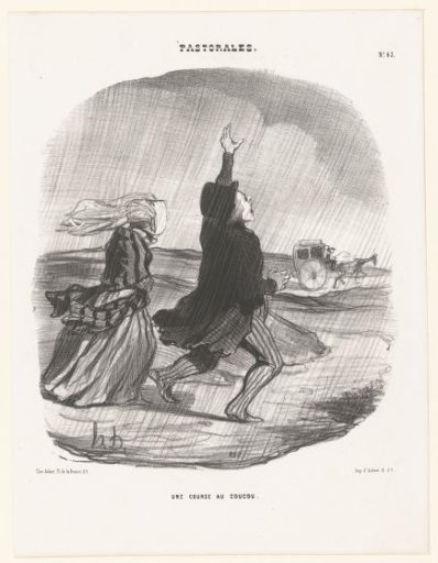Couple in the rain trying to hail a carriage