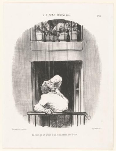 Man on a balcony getting wet from a watering can