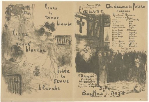 Cover of programme booklet with advertisement for La Revue Blanche and announcement of play Au-dessus des forces humaines