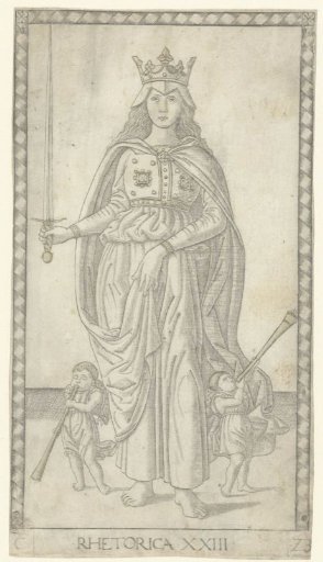 Rhetoric with a sword and two small angels with trumpets
