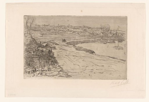 Landscape with houses and water with moored sailing boats
