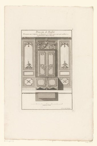 Buffet cabinet with vases against wall with panels