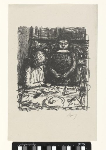Seated Man at Table with Meal and Standing Woman