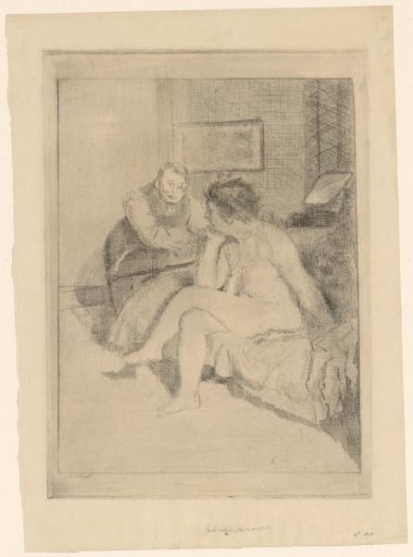 Bedroom with a seated nude woman and a standing man