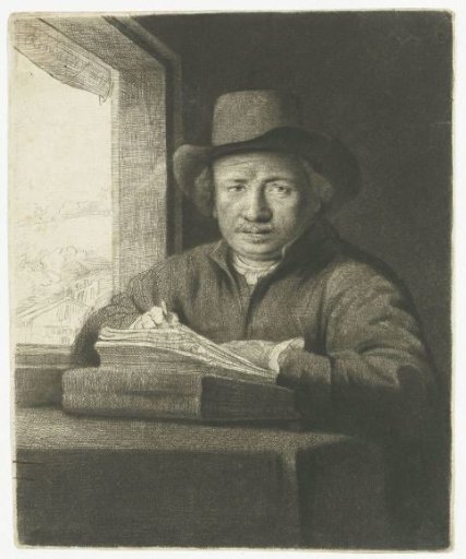 Self-portrait etching at a window