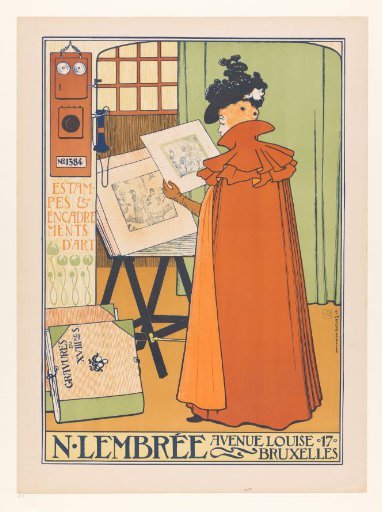 Woman with long cloak examining some prints