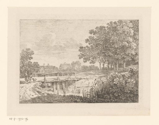 Landscape with wooden bridge and two figures