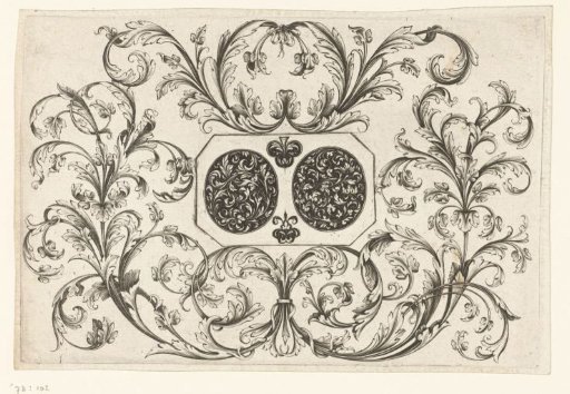 Two ovals between leaf scrolls