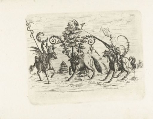 Landscape with a cow between two fantastic creatures on horseback