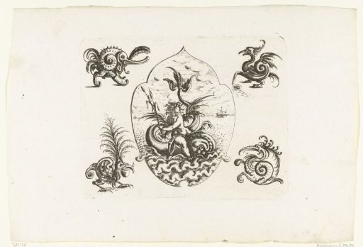 Leaf-shaped cartouche with a putto on a dolphin