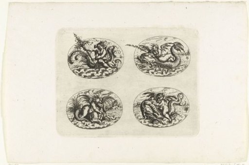 Four horizontal ovals with putti on sea creatures
