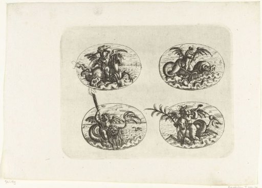 Four horizontal ovals with putti on sea creatures