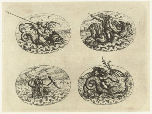 Four horizontal oval cartouches with putti on sea creatures