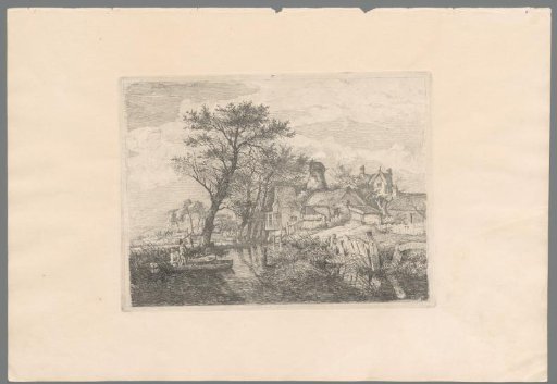 Two men in boats in a ditch along a village with a windmill without sails